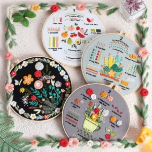 4pcs DIY Embroidery Starter Kit with 1pc Plastic Hoop Needles Threads Fabric DIY Craft for Adults Crafting Supplies Art Project
