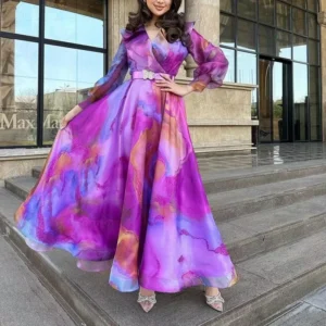 Print Dress Women Long Dresses Full Sleeve Sashes Tight Waist 2024 Autumn Female Temperament Elegant Office Lady Vestidos - Image 4