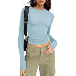 1pcs Four Seasons Fashion Senior Women T-shirt Long Sleeve Crew Neck Solid Slim Fit Tee Ladies Crop Top Daily Streetwear Camis - Image 3