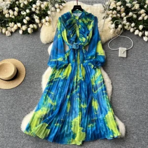 Retro Elegant Autumn Edible Tree Fungus Patchwork Long Sleeves Print Chiffon Dress A-line French Vintage Vacation Women Dresses - Image 3