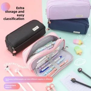 Large Capacity Square Pencil Case Simple Pure Color Girls Stationery Storage Bag Fashionable Canvas School Supplies Bag - Image 2