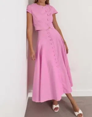 Summer Pink Cotton High Waist V-Neck Skirt Set Fashionable Slimming Solid Color Button Round Neck Short Sleeve A-Line Skirt Set - Image 2