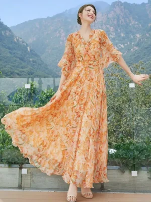 Bohemian-style Vacation Chiffon Dress 2025 Summer Fashion Print Casual Vacation Beach A-line Large Swing Elegant Long Dress - Image 3