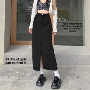 2024 New Summer High-Waisted Side Slit Denim Skirt Women's Medium-Length A- Line Petite Bodycon Half-Length Skirt - Image 4