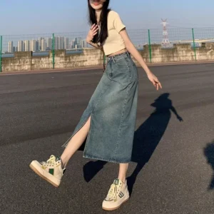 High Waist Vintage Slimming Mid-Length A- Line Denim Skirt Women's Design Sensation Small Audience Split Skirts Half-length - Image 3