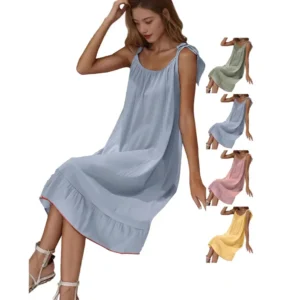 Summer Ice Silk Thin Short Sleeve Sleepwear Women's Home Clothes Midi Dress Pure Color Home Fashion Cross-Border Nightgown