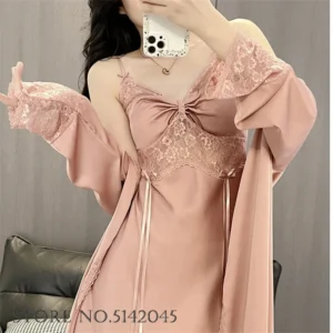 Temptation Lace Nightgown Sexy Female Nighty&robe Set Loungewear Intimate Lingerie Silk Satin Bathrobe Sleepwear Summer Homewear - Image 6