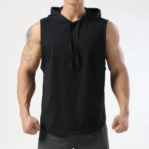 2025 summer new men's lace up hooded sleeveless vest men's summer loose solid color casual hip-hop sleeveless T-shirt top - Image 3