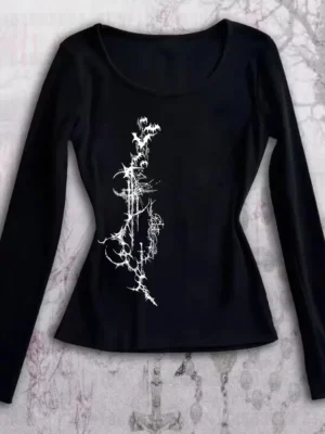 Aesthetic Letter Print Womens T-Shirt Gothic American Style Y2K Retro Stiletto Chic Harajuku Streetwear Emo Girl Long Sleeve Top - Image 5