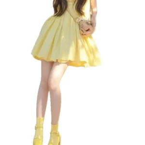 French Yellow Dress Empire Waist Mini Skirt Short Skirt Summer New Style Dopaamine Waist Cinching Skirt Fly Sleeve Dress - Image 5