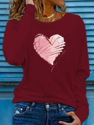 Heart Love Print Crew Neck T shirt Casual Autumn winter top women's long sleeved T-shirt loose comfortable black white - Image 3