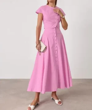 Summer Pink Cotton High Waist V-Neck Skirt Set Fashionable Slimming Solid Color Button Round Neck Short Sleeve A-Line Skirt Set - Image 4