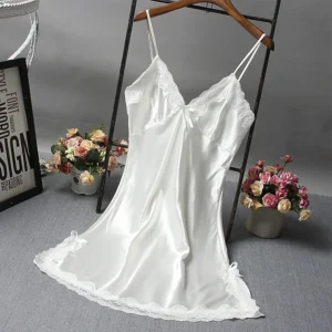 Summer Women's Sexy Satin Soft Nightdress Lace Lingerie Sleepwear Solid Color Ladies Wrap Short Dresses Nightwear - Image 5
