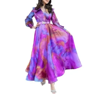 Print Dress Women Long Dresses Full Sleeve Sashes Tight Waist 2024 Autumn Female Temperament Elegant Office Lady Vestidos - Image 5