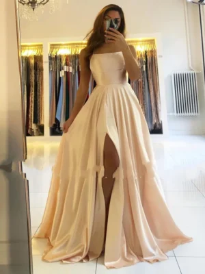 Elegant Women Maxi Beach Satin Dress Sexy Leg Slit Lace up Evening Prom Gown Adjustable Straps Bridesmaid Dresses - Image 4