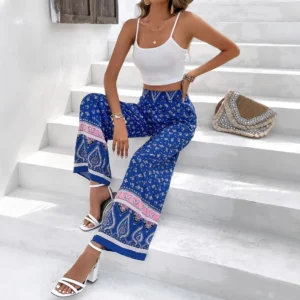 Summer New Women's Casual Holiday Style Long Pants Wide Leg Pants Print Set Two Piece Set AE Origin No Sleeve Long Pants Set