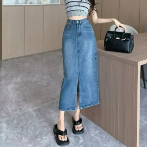 High Waist A- Line Mini Skirt for plus Size Women Slimming Denim Split Skirts Cotton Knitted Fabric Pear Shaped Body Fit - Image 3