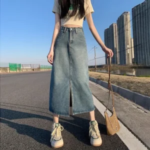 High Waist Vintage Slimming Mid-Length A- Line Denim Skirt Women's Design Sensation Small Audience Split Skirts Half-length - Image 4