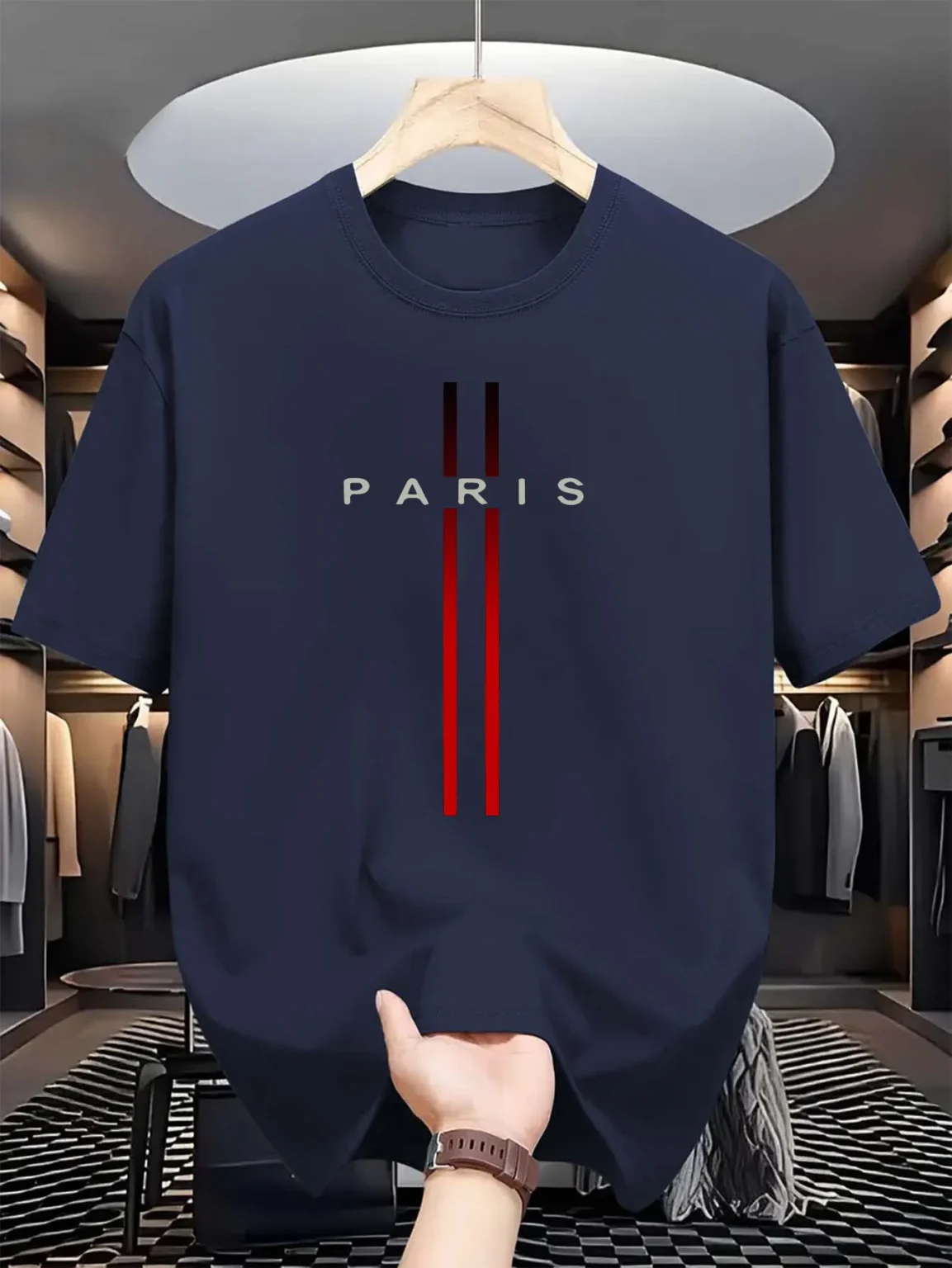 Men's 100% pure cotton summer casual loose fashion Paris letter printed comfortable round neck short sleeved T-shirt top - Image 2