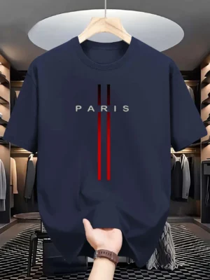 Men's 100% pure cotton summer casual loose fashion Paris letter printed comfortable round neck short sleeved T-shirt top - Image 2