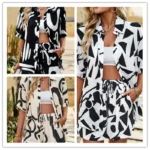 Fashionable Casual Print Women's Two-Piece Set Summer 2025 Short Sleeve Top with Knee-Length Shorts Stylish Age-Defying Ensemble