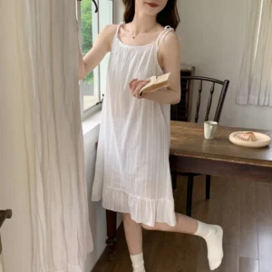 2024 Summer Sexy Lingerie Spaghetti Strap 100% Cotton Nightgowns for Women Korean Sleepwear Night Dress Nightdress Home Nighty - Image 3