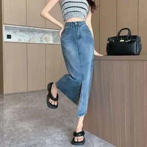 High Waist A- Line Mini Skirt for plus Size Women Slimming Denim Split Skirts Cotton Knitted Fabric Pear Shaped Body Fit - Image 4