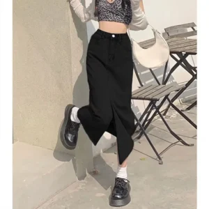 2024 New Summer High-Waisted Side Slit Denim Skirt Women's Medium-Length A- Line Petite Bodycon Half-Length Skirt - Image 3