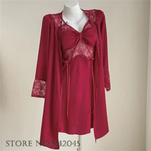 Temptation Lace Nightgown Sexy Female Nighty&robe Set Loungewear Intimate Lingerie Silk Satin Bathrobe Sleepwear Summer Homewear - Image 2