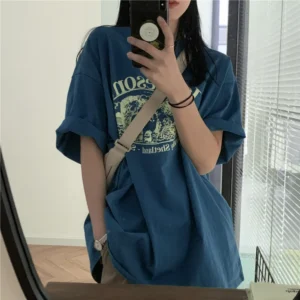 Trendy Oversize ort Sve Women's T-irt Loose Fit Korean Sle Summer Vintage Print round Ne Cotton Top
