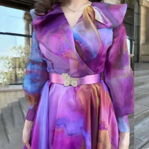 Print Dress Women Long Dresses Full Sleeve Sashes Tight Waist 2024 Autumn Female Temperament Elegant Office Lady Vestidos - Image 3