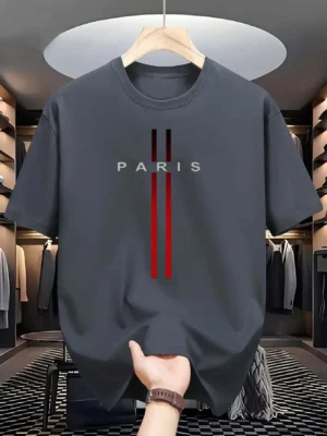 Men's 100% pure cotton summer casual loose fashion Paris letter printed comfortable round neck short sleeved T-shirt top - Image 6