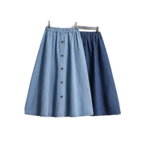 Plus Size Blue Denim Skirt with Buckle Elastic Waist Street Style Student Uniform Class Uniform Half-length Skirt for Women - Image 5