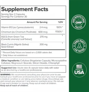 Green Tea Supplement Curb Cravings Vegan Capsules Vitamin B12 Antioxidant Metabolism Support Weight Loss Pills Fat Burning Detox - Image 6