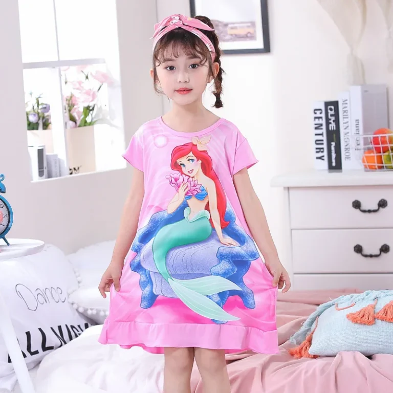 MINISO Girls Night Dress Summer Disney Cartoon Snow White Frozen Princess Elsa Mermaid Print Toddler Girl Nightgown for Teens - Image 6