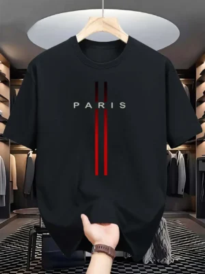 Men's 100% pure cotton summer casual loose fashion Paris letter printed comfortable round neck short sleeved T-shirt top - Image 3