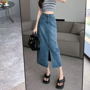 High Waist A- Line Mini Skirt for plus Size Women Slimming Denim Split Skirts Cotton Knitted Fabric Pear Shaped Body Fit