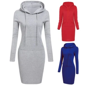 Autumn Winter Warm Sweatshirt Long-sleeved Dress Woman Clothing Hooded Collar Pocket Simple Casual lady Dress Vesdies Sweatshirt - Image 5