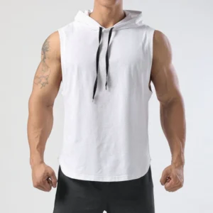 2025 summer new men's lace up hooded sleeveless vest men's summer loose solid color casual hip-hop sleeveless T-shirt top - Image 2