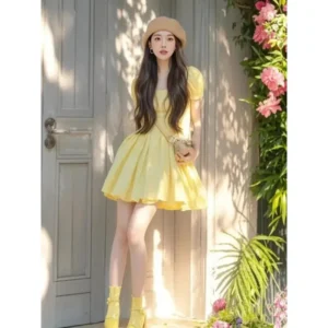 French Yellow Dress Empire Waist Mini Skirt Short Skirt Summer New Style Dopaamine Waist Cinching Skirt Fly Sleeve Dress