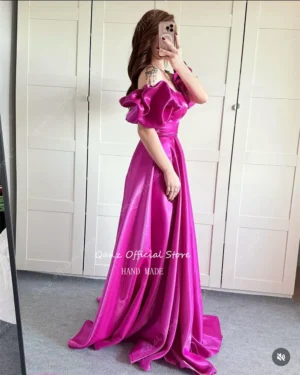 Qanz Long A Line Vestidos De Fiestas Elegantes Mujer Short Puff Sleeves Satin Evening Dresses Backless Party Gowns Customized - Image 4