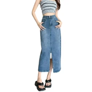 High Waist A- Line Mini Skirt for plus Size Women Slimming Denim Split Skirts Cotton Knitted Fabric Pear Shaped Body Fit - Image 5