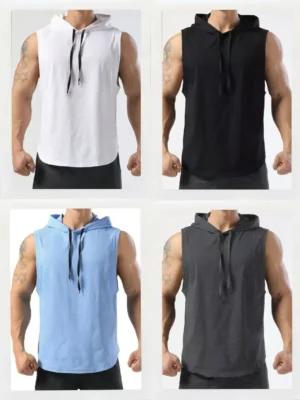2025 summer new men's lace up hooded sleeveless vest men's summer loose solid color casual hip-hop sleeveless T-shirt top