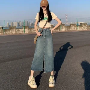 High Waist Vintage Slimming Mid-Length A- Line Denim Skirt Women's Design Sensation Small Audience Split Skirts Half-length - Image 2