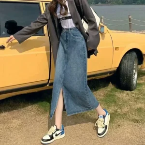 2024 New Summer High-Waisted Side Slit Denim Skirt Women's Medium-Length A- Line Petite Bodycon Half-Length Skirt