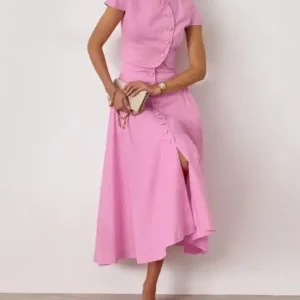 Summer Pink Cotton High Waist V-Neck Skirt Set Fashionable Slimming Solid Color Button Round Neck Short Sleeve A-Line Skirt Set