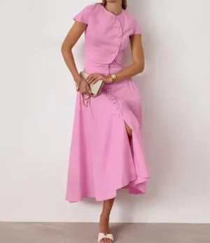 Summer Pink Cotton High Waist V-Neck Skirt Set Fashionable Slimming Solid Color Button Round Neck Short Sleeve A-Line Skirt Set