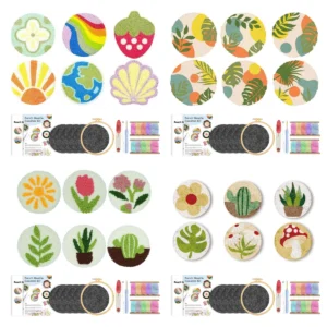 Punch Needle Coasters Kit for Beginners Adults 6pcs plant Pattern Embroidery Punch Needle Kits Tufted Rug Punch Decoration