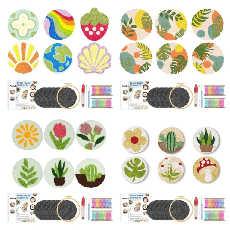Punch Needle Coasters Kit for Beginners Adults 6pcs plant Pattern Embroidery Punch Needle Kits Tufted Rug Punch Decoration