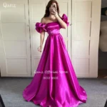 Qanz Long A Line Vestidos De Fiestas Elegantes Mujer Short Puff Sleeves Satin Evening Dresses Backless Party Gowns Customized